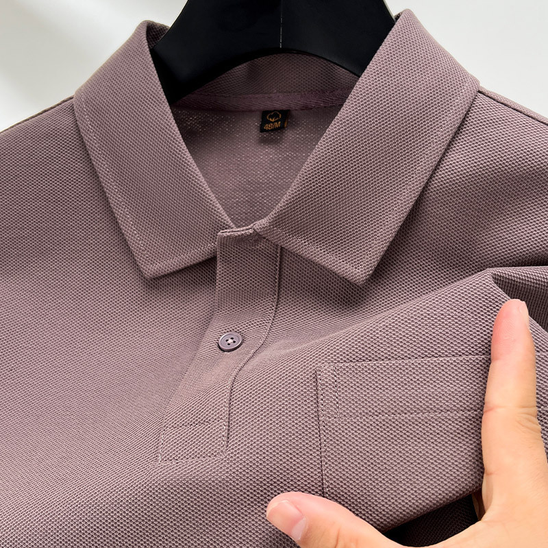 High Weight 100% Cotton Short-Sleeved T-Shirt Men's Lapel Pure Color Summer New Flap Pocket Pants Young and Middle-Aged Polo Shirt Top