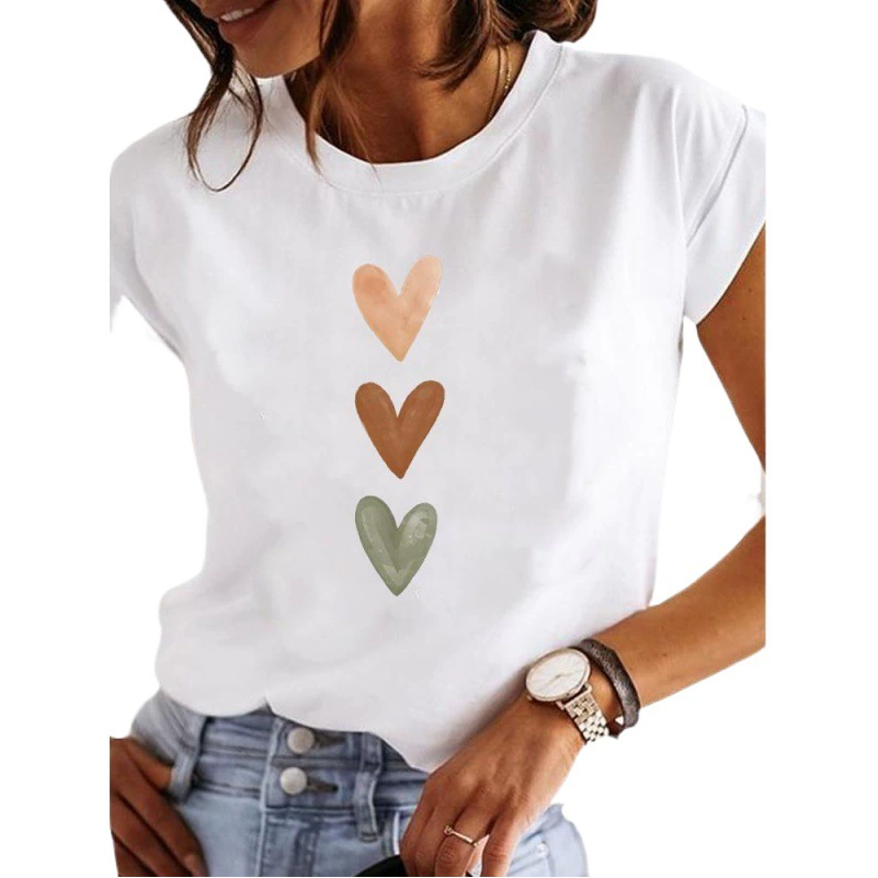 Плюс Размер Весна Лето Любовь цветок растение письмо плюс размер круглый вырез Ретро Простой Топ женский