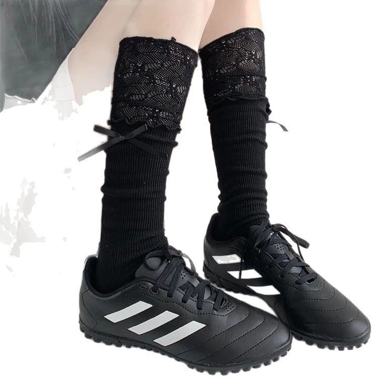 Autumn white colored lace knee socks with bow, Lolita style, lace dress