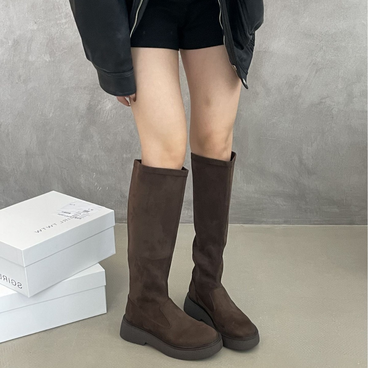 SGIRL TWTW复古不过膝长筒靴女新款显瘦弹力小个子增高麂皮靴