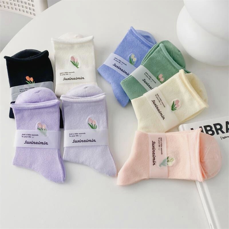 2022 Spring and Summer Thin Stacks Ins Trendy Macaron Color Embroidered Periwinkle Cotton Socks Japanese Style Mid-length Socks