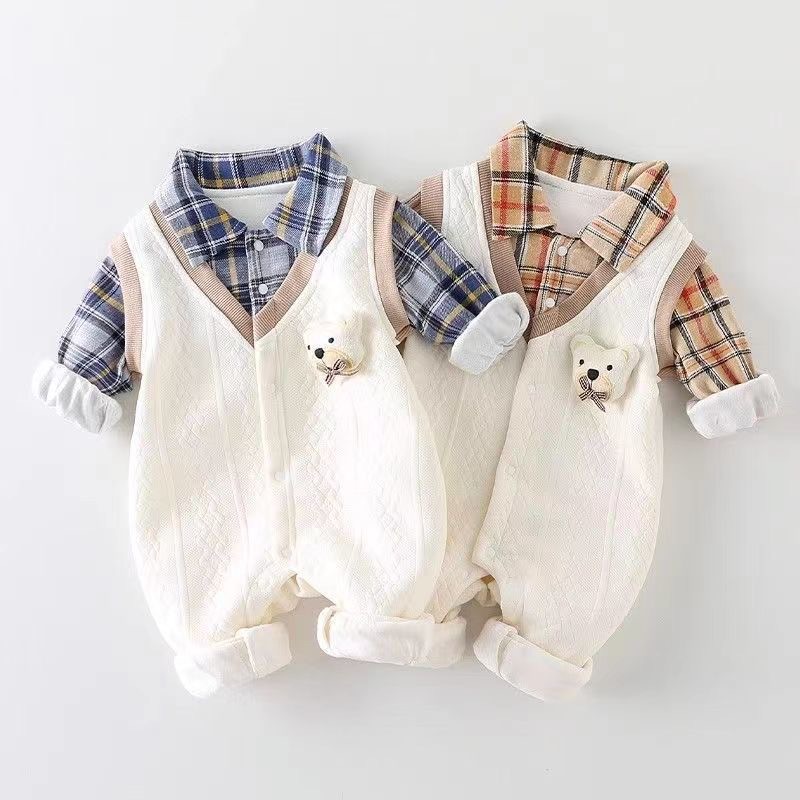 Baby Spring and Autumn Baby Fashion Falso Dos piezas de manga larga de una pieza de doble capa Ropa de recién nacido Ha Ropa de salida de luna llena