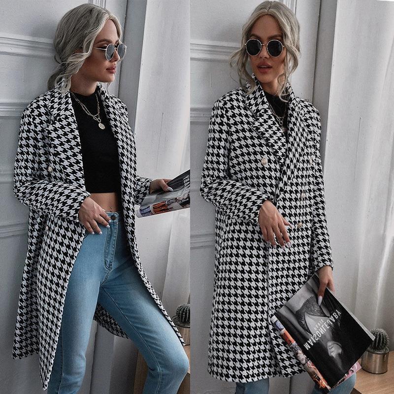 Cross-border Europe and the United States Amazon Explosions Autumn and Winter New Women's Long Sleeve Houndstooth Printed Long Woolen Jacket Top