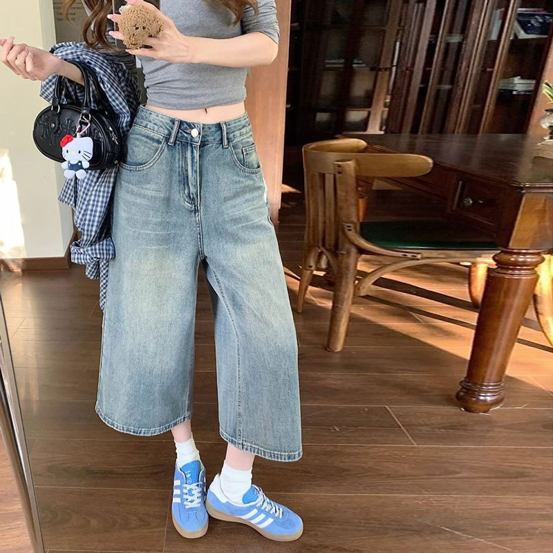 Trendy Plus-Size Light Blue Jeans Summer Women's New Pear-Shaped Petite Slimming Cropped Wide-Leg Pants