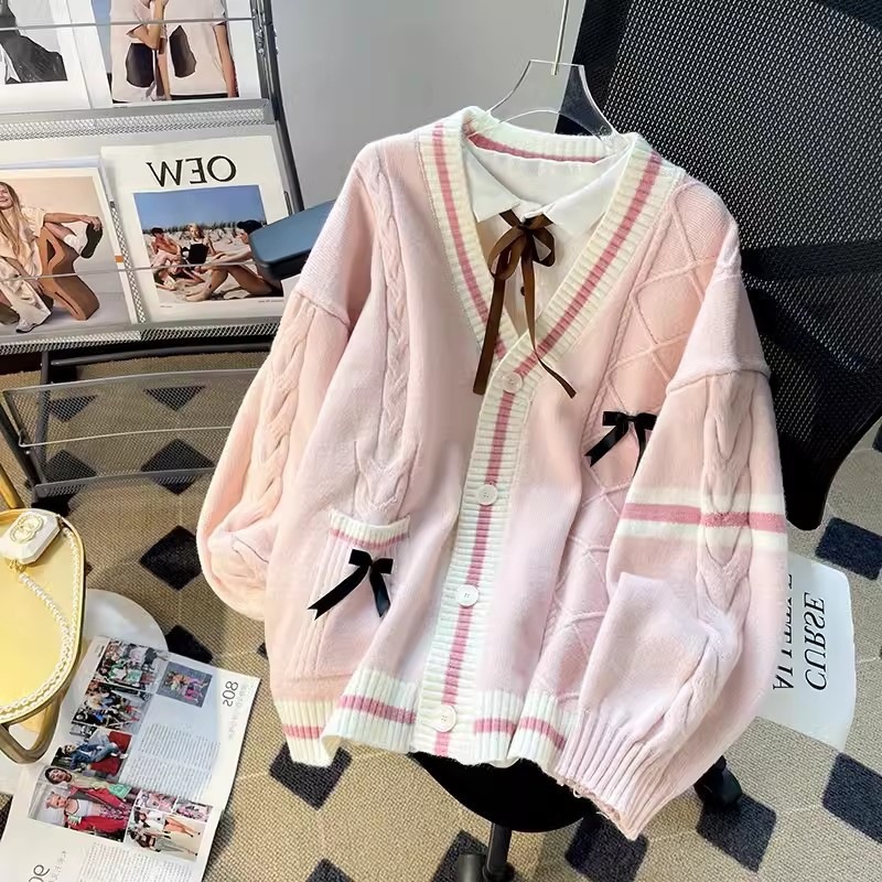 2025 otoño y invierno japonés nuevo estilo de diseño de viento perezoso sensación de jersey cardigan arco de torsión suéter suelto chaqueta mujer image 8