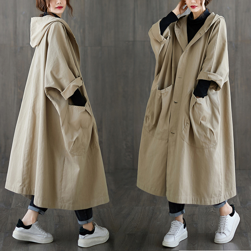 2022 Autumn New Literary Loose Large Size Over-The-Knee Long Big Pocket Windbreaker Jacket Women's Hooded Commuting Casual