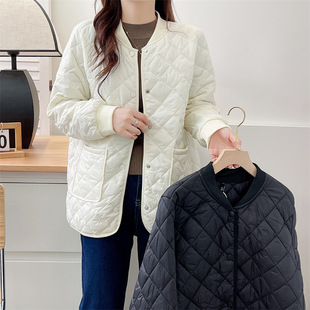2023 autumn and winter Korean style cotton-padded clothes fat MM200 kg stand collar Diamond plaid plus size women's thin cotton-padded clothes simple all-match 421