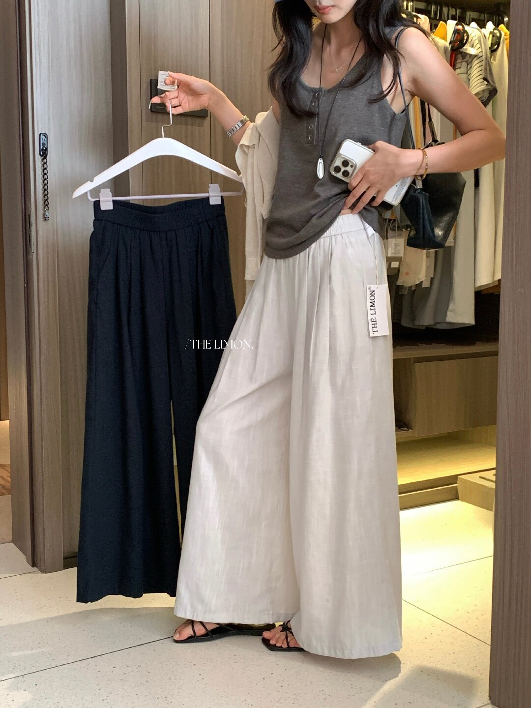 Quần ống rộng nữ vải linen phối cotton dáng suông mùa hè — Xám gạo, Xanh xám nhạt, Xanh đen, Cam bí ngô chi tiết 47