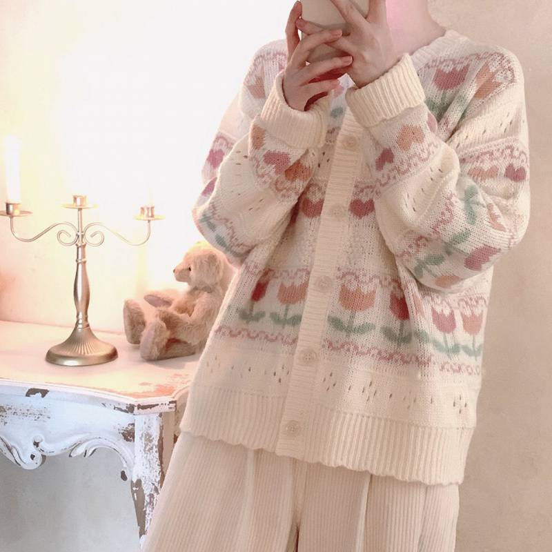 Spring and Autumn Short Coat Tulip Japanese Sweater Women's Korean Style Loose Lazy Style Retro Gentle Design Sense Niche Spring and Autumn Short Coat Tulip Japanese Sweater Women's Korean Style Loose Lazy Style Retro Gentle Design Sense Niche