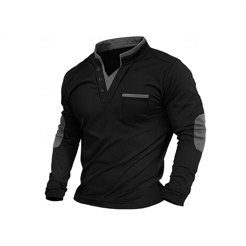 European and American Style Men's V-Neck Pocket Patchwork Polo Shirt Casual Long-Sleeve T-Shirt for Spring and Autumn