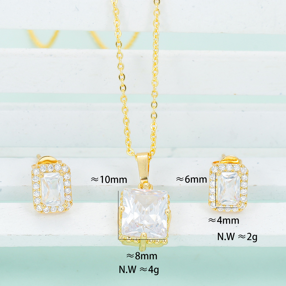 Copper Material Square Pattern Women'S Gender Plating, Inlay Design Retro Square Copper Plating Inlay Zircon Women's Earrings Necklace 1 Set