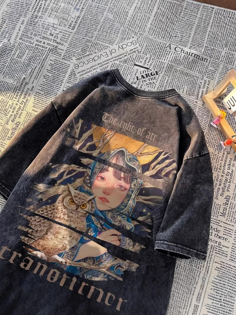 Camiseta de manga corta de algodón de la marca de moda de la calle alta estadounidense para hombres verano retro marea casual lavado viejo media manga guapo camiseta