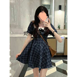 夏季新款学院风格纹少女感连衣裙女甜美减龄小个子娃娃领字裙子