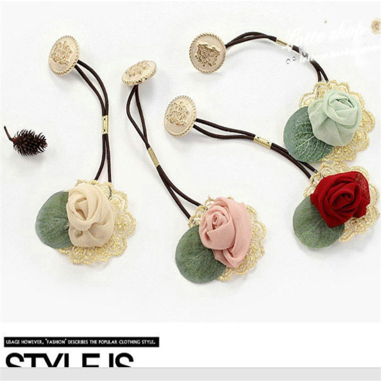 Corea del Sur nuevo tocado de gasa Rosa Botón de encaje banda de Pelo elástico cuerda de pelo de cristal tocado Flor al por mayor completa al por mayor