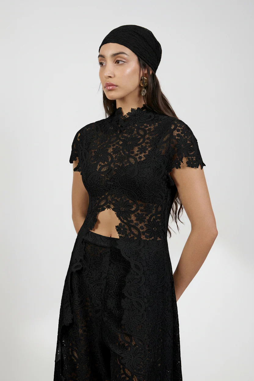 Independent Website European American Women's Clothing Lace Solid Color Dress With Hollow Out Round Neck,_ecoleips.com