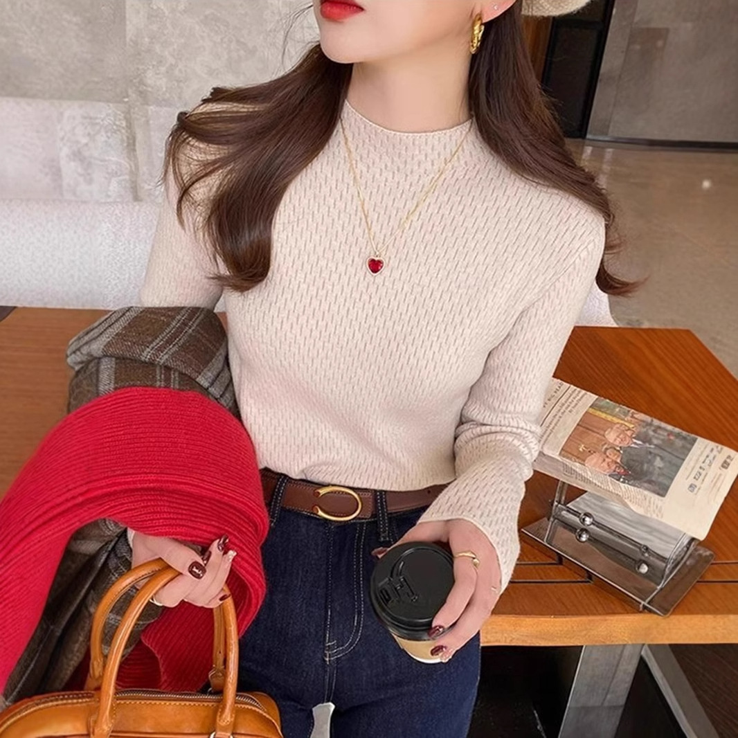 가을과 겨울 반 높이 칼라베이스 셔츠 여성용 스웨터 기모 한국식 슬림핏 인테리어 서양식 스웨터 여성용 따뜻한 탑