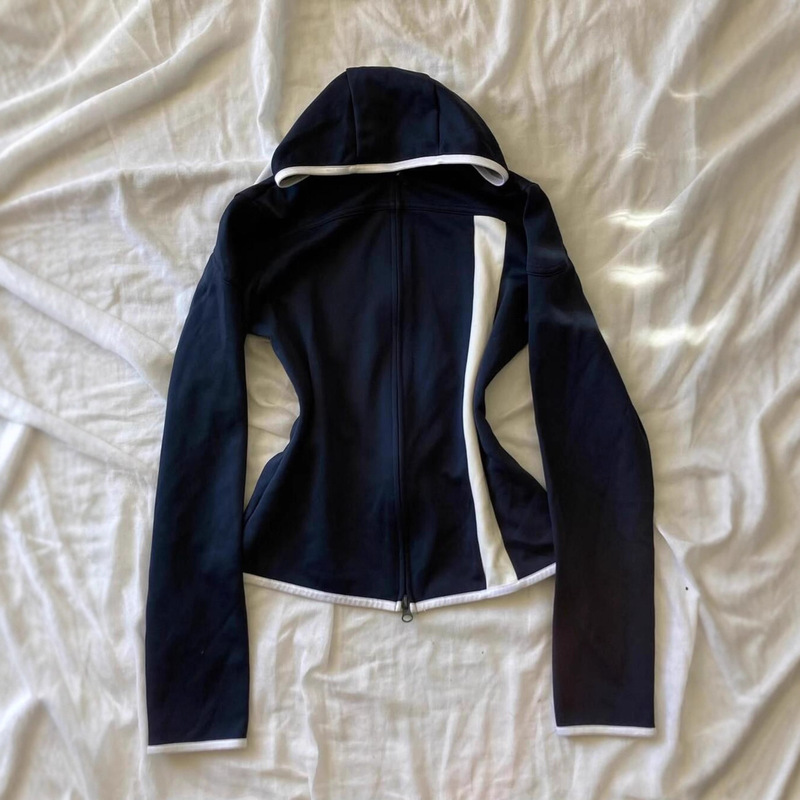 Retro Casual Lazy Versatile Sports Style 2025 Autum New Zipper Color Matching Hooded Sweatshirt Jacket for Women