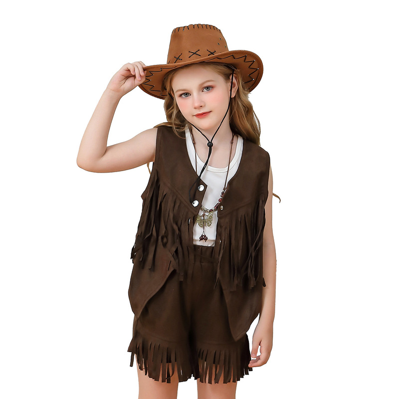 タッセルベストエスニックスタイルレトロボヘミアンデニムショーツ女の子ヒッピーショー服子供のカーニバル|undefined