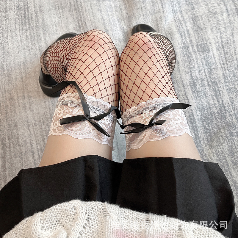 Sexy Lace Stockings with Bow, Long Fishnet Stockings, Pure Desire Hollow-Out Large Mesh Stockings, Mid-Calf Over-The-Knee Stockings