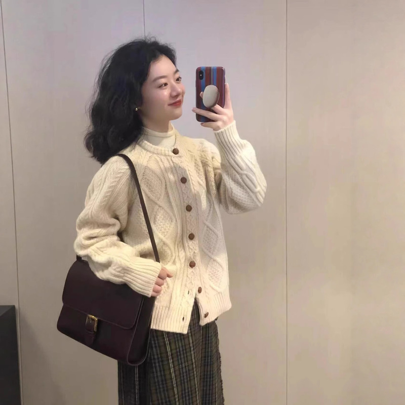早秋新款慵懒风羊毛衫麻花针织开衫女宽松圆领百搭小个子外套女|undefined