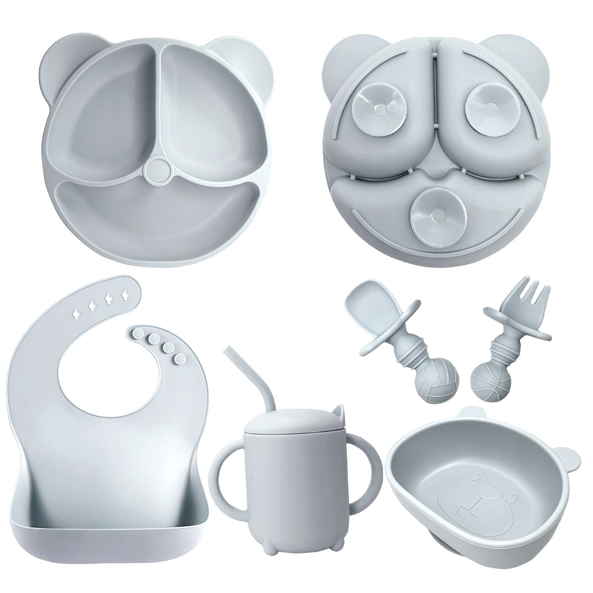 Suministro directo de fábrica bebé vajilla de silicona Niños Bebé integrado suplemento alimenticio tazón traje de alimentación Placa de silicona oso