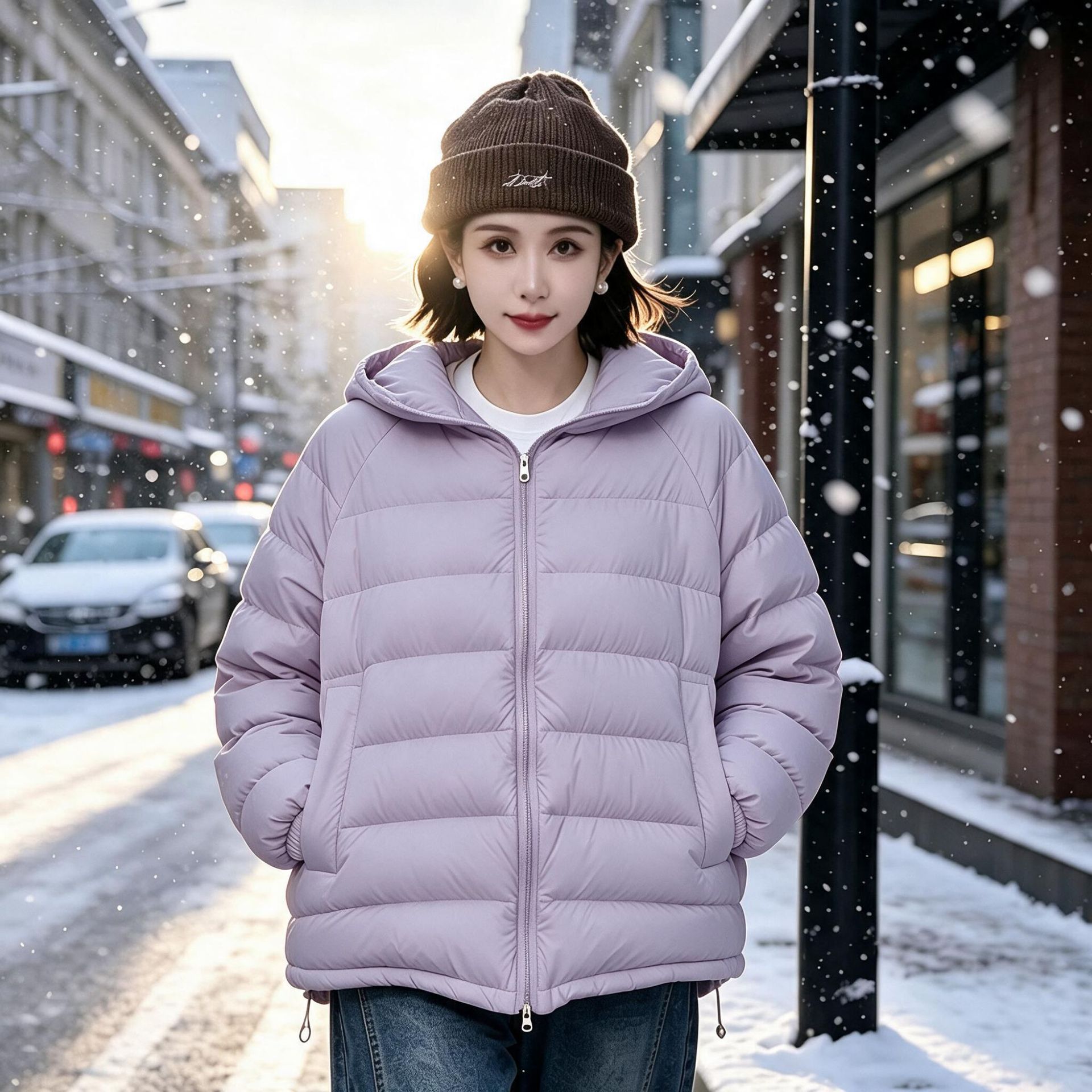 Plus-size hooded lightweight ribbed down jacket for autumn and winter, new warm casual loose slimming versatile fashionable duck down coat