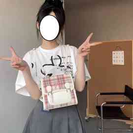 白桃乌龙格子背包2024新款蝴蝶结双肩包包女式可爱手提单肩包书包