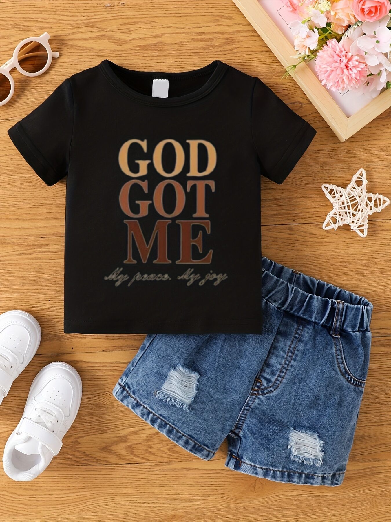 Brand summer T-shirt girl's with letters, denim skirt, set, with short sleeve