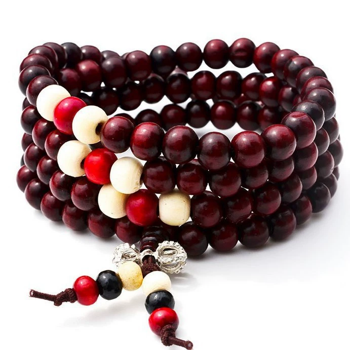 Сандал-wood 108‑бусин bracelet, 6 мм или 8 мм бусины, эластичный шнур, красно-коричневый или черный