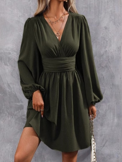 European and American Amazon Cross-Border Autumn and Winter New Independent Station Slant Collar Lantern Sleeve Pleated Waist Dress for Women European and American Amazon Cross-Border Autumn and Winter New Independent Station Slant Collar Lantern Sleeve Pleated Waist Dress for Women