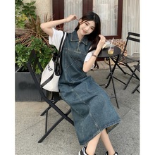 复古蓝牛仔连衣裙女 春夏2023年POLO领中长款显瘦无袖裙子