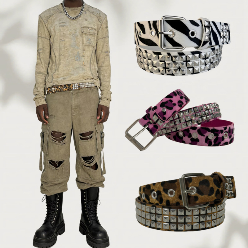 New Punk European and American Pyramid Subculture American Millennial Style Gothic Square Bead Studded Leather Belt