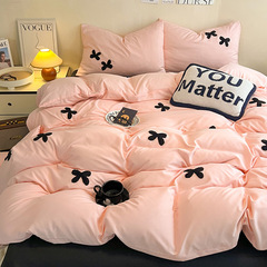 Ins Washable Cotton Towel Set Quilt Bedding Embroidered Sheet and Duvet Cover with Bow Ties Dormitory Three-Piece Set