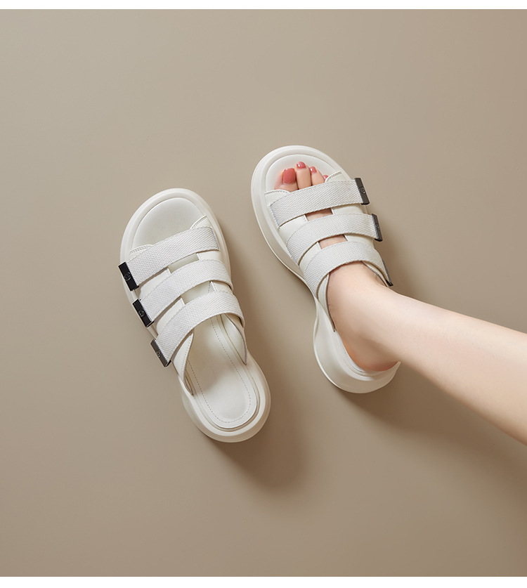 Dép sandal hở mũi nữ đế bệt 7cm tăng chiều cao quai ngang Velcro — đen, Màu trắng sữa chi tiết 16