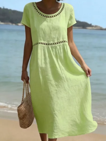 Amazon 2026 European and American Cross-Border Foreign Trade Women's New Summer Round-Neck Short-Sleeved Lace Solid Color Cotton and Linen Dress