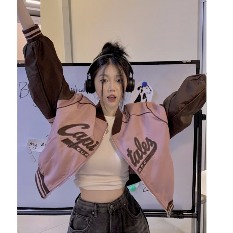 秋冬跨境时尚美式夹克休闲字母刺绣棒球服宽松立领外套短款小个子|undefined