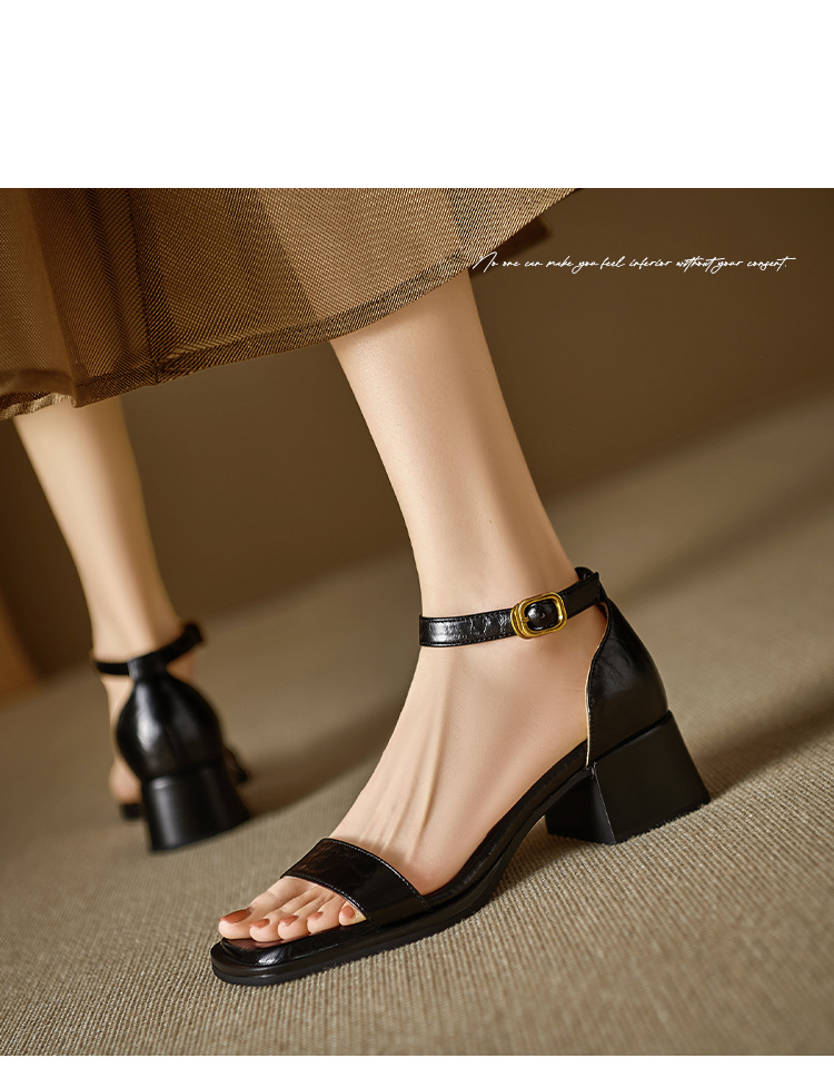 Sandal quai ngang nữ gót thô da thật kiểu Pháp, đế mềm hở ngón — Màu đen, Màu trắng be chi tiết 7