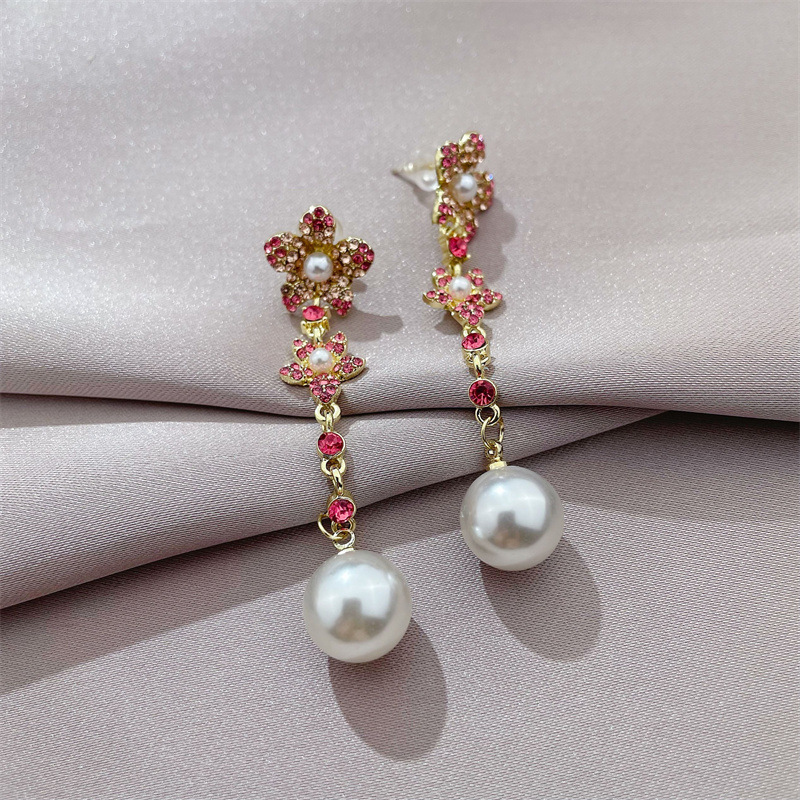 personality Japan and South Korea new flower color diamond microinlaid earrings pearl pendant earrings long earringspicture3