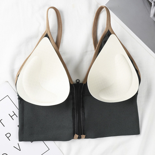 Korean style deep V front zipper sling beautiful back wrap chest women push up sports yoga outer wear bottoming vest bra underwear