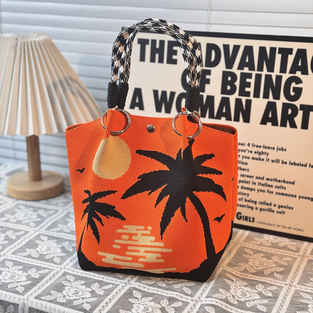 ニットハンドバッグ、ニッチデザインバケットバッグ、トートバッグ、ハンドバッグ、カジュアルで多用途なショルダーバッグ、ニットポータブルバッグ