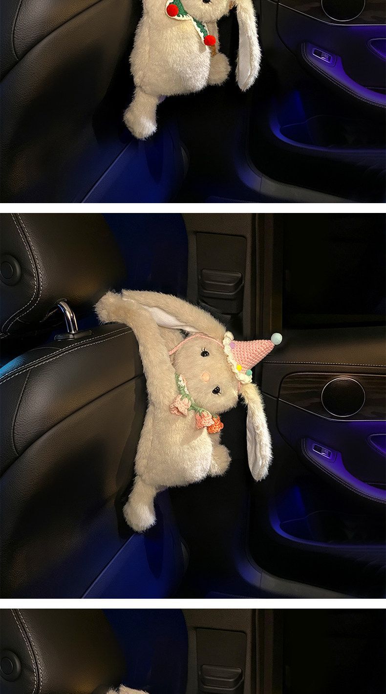 Cute plush toy car tissue box, car interior decoration tissue holder, car-mounted long-eared rabbit tissue bag, hanging type