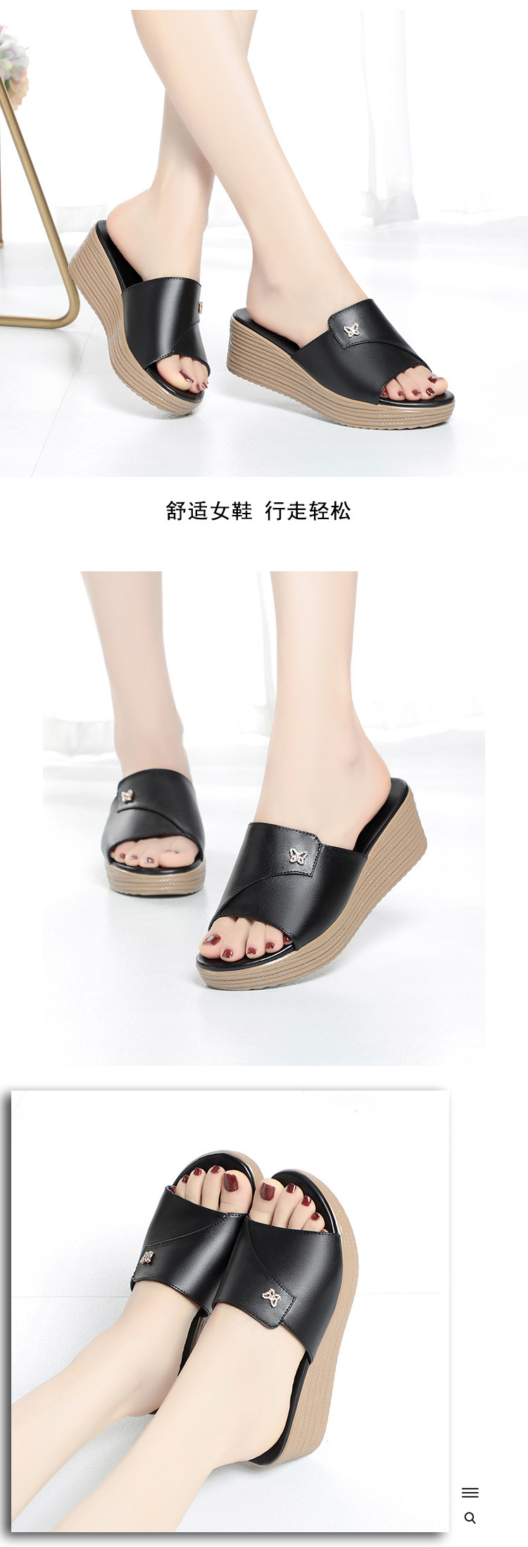 Dép sandal nữ quai chữ V đế xuồng cao 5 cm, da thật mềm mại — màu đen chi tiết 5