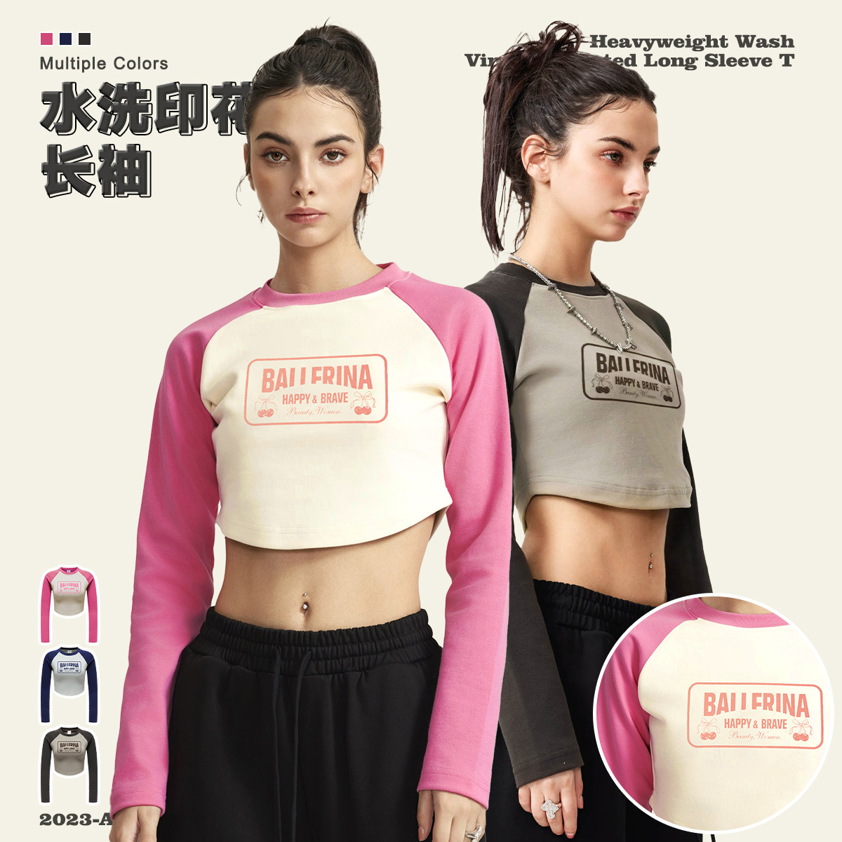 BE ropa de mujer | 2025 otoño e invierno retro americano marca de moda raglán estampado de contraste camiseta de manga larga chica caliente blusa corta mujer image 5