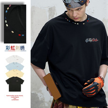 撞色彩绣纯棉短袖T恤男夏季款日系宽松情侣休闲体恤衫潮牌半袖女q