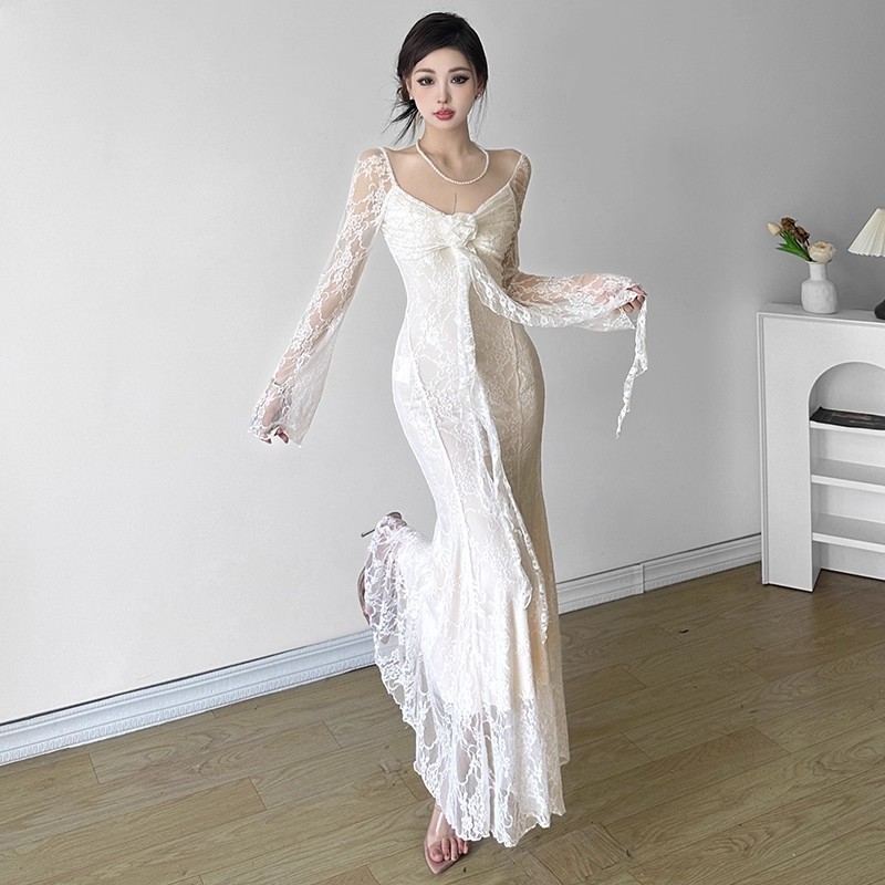 2025法式立体花朵飘带长袖礼服连衣裙女纯欲蕾丝收腰显瘦鱼尾长裙|undefined