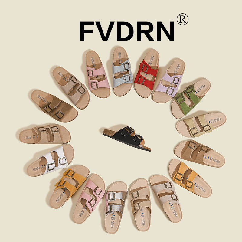 Pad Foot Full Cowhide ~ Thick Bottom Slippers Women's Casual Birkenneth Shoes Outwear Retro Double Belt Buckle Half-Slip Slides