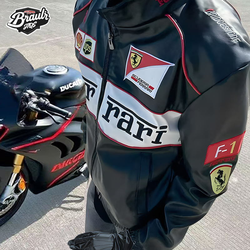 Cross-Border Fleece-Lined F1 Motorcycle Leather Jacket Autumn and Winter Unisex Embroidered Pu Racing Jacket American Style Cycling Jacket Cross-Border Fleece-Lined F1 Motorcycle Leather Jacket Autumn and Winter Unisex Embroidered Pu Racing Jacket American Style Cycling Jacket