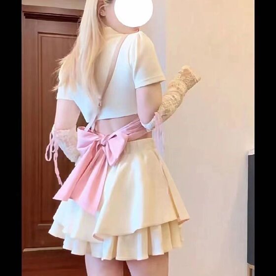 Pure suit Women's Spring Slim-fit Short Polo Collar Short-sleeved T-shirt A- line High Waist Cake Skirt Two-piece Set