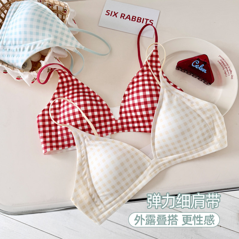 Retro Plaid Women's French-Style Triangle Cup Bra, Seamless, Minimizes Large Bust, Pure Desire Sexy Lift-Up Bra