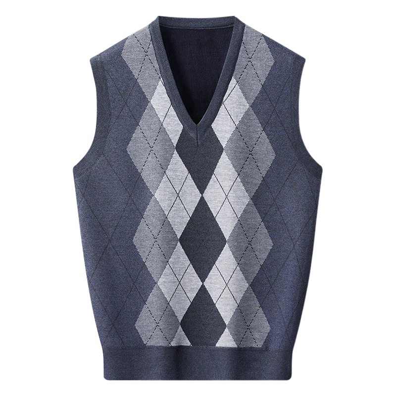 Жилет поколения волос на флисовой подкладке с V-образным вырезом для мужчин среднего и пожилого возраста. Теплый нижний жилет с вязаным жилетом.